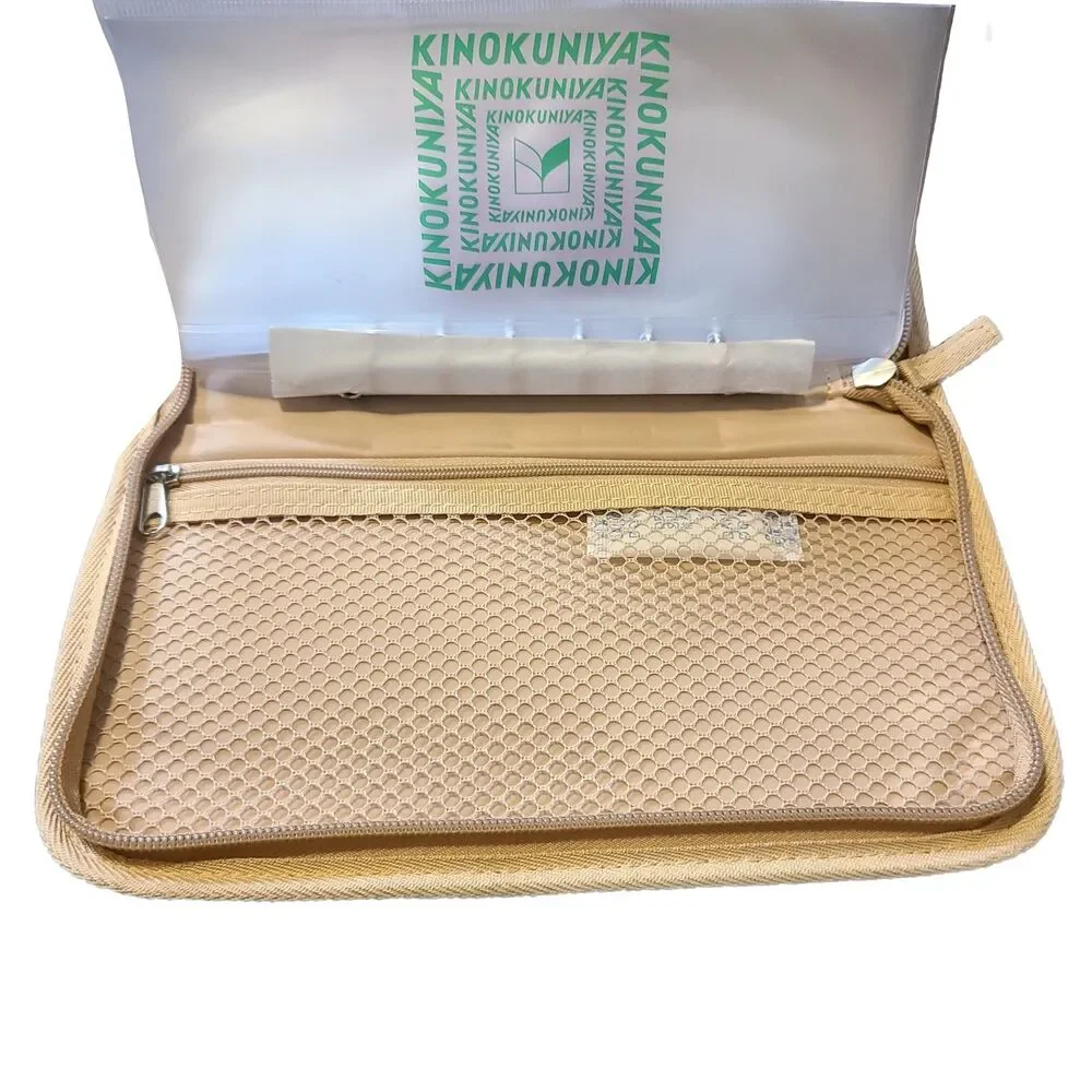 Kinokuniya x Japan NWOT Beige & Green Eco Canvas Zippy Organizer Pouch Case - Picture 9 of 11